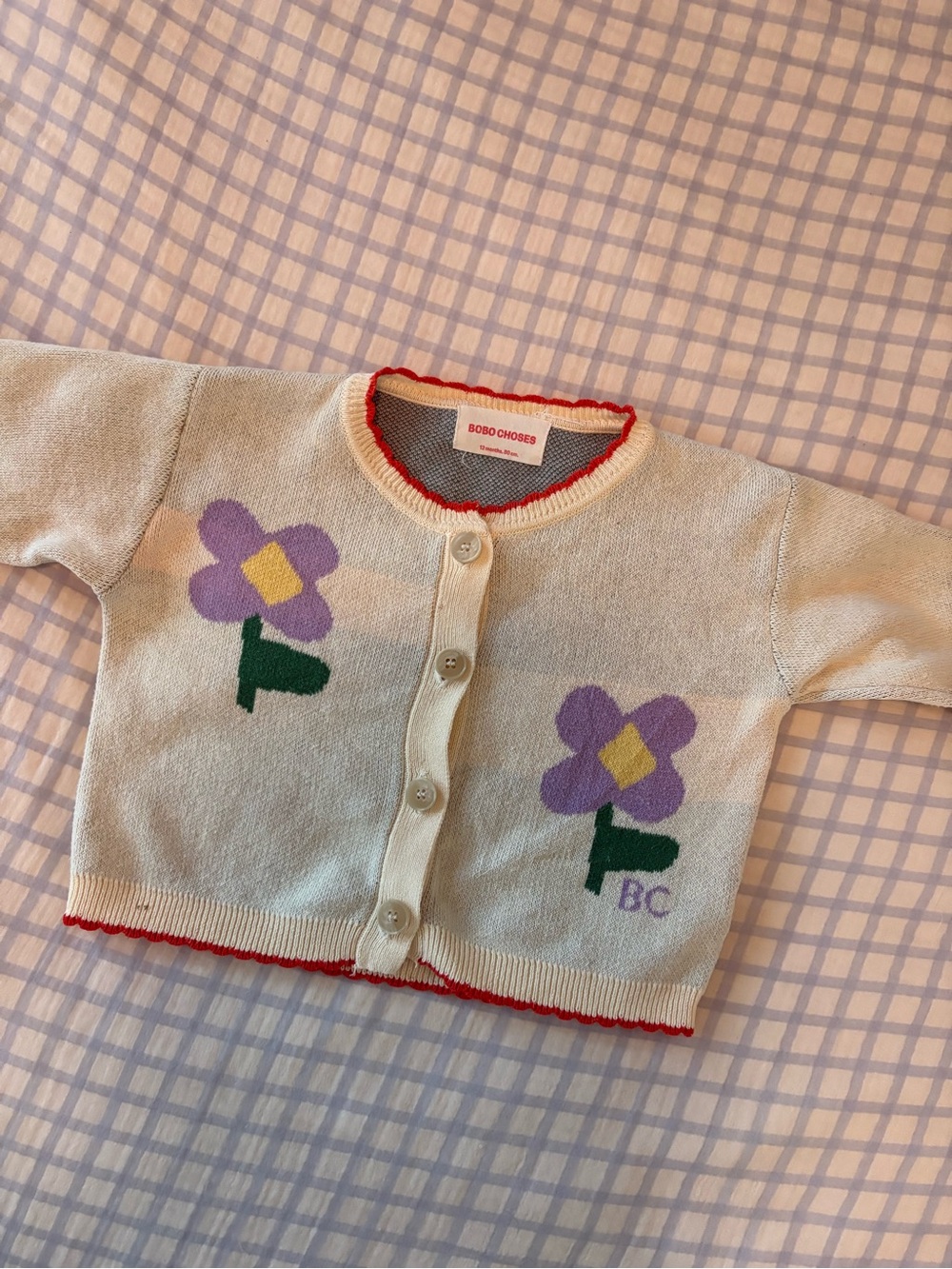 Bobo Choses Cream Cardigan with Red Trim